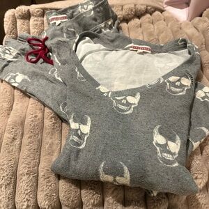 P.J. Salvage Light Gray Skull brushed fleece Pajama set Size M